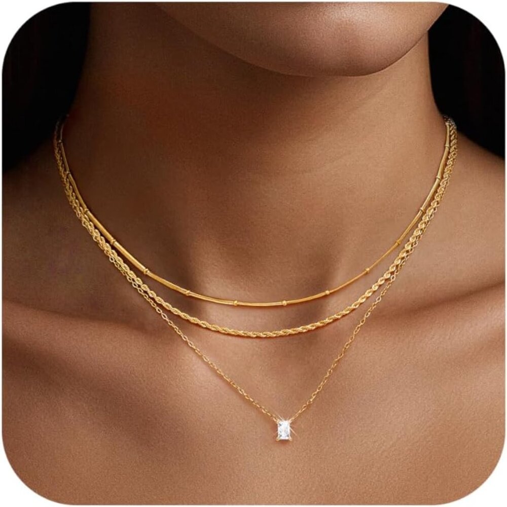 Stackable 3pcs Gold Layered Necklaces With Cubic … - image 1